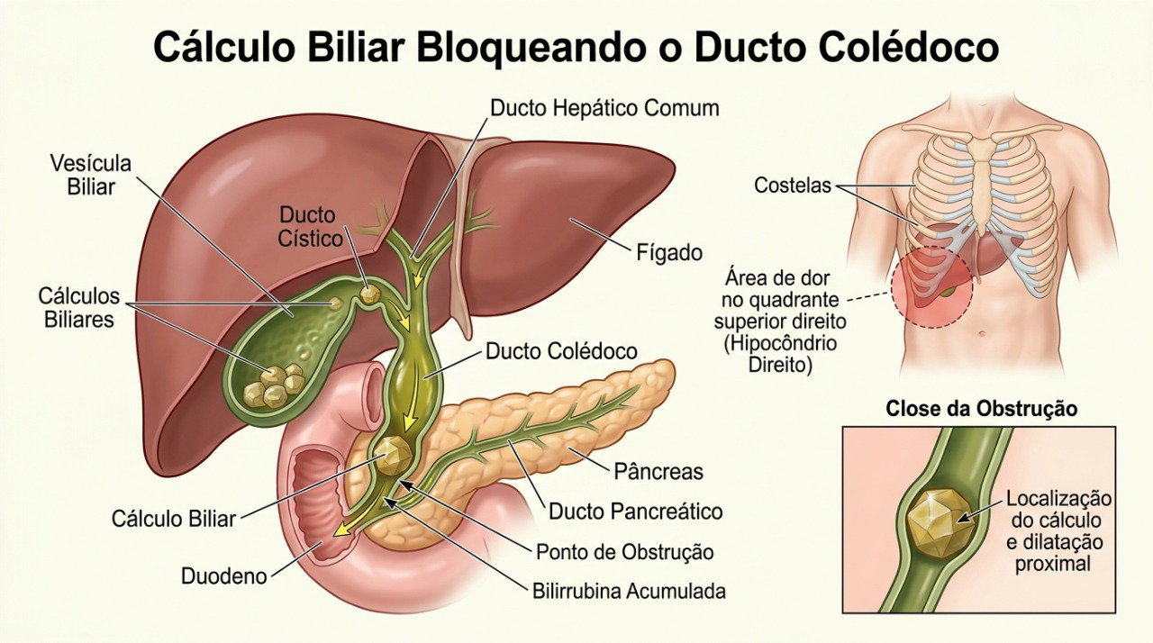 Pedras na vesícula podem bloquear a passagem da bile e provocar crises de dor abdominal intensa.