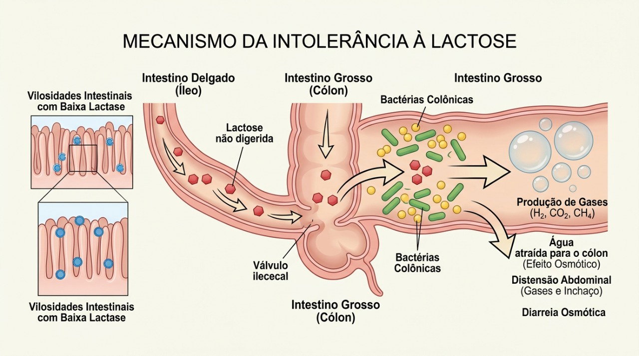 A falta de lactase pode fazer a lactose chegar ao intestino grosso e provocar gases e diarreia.