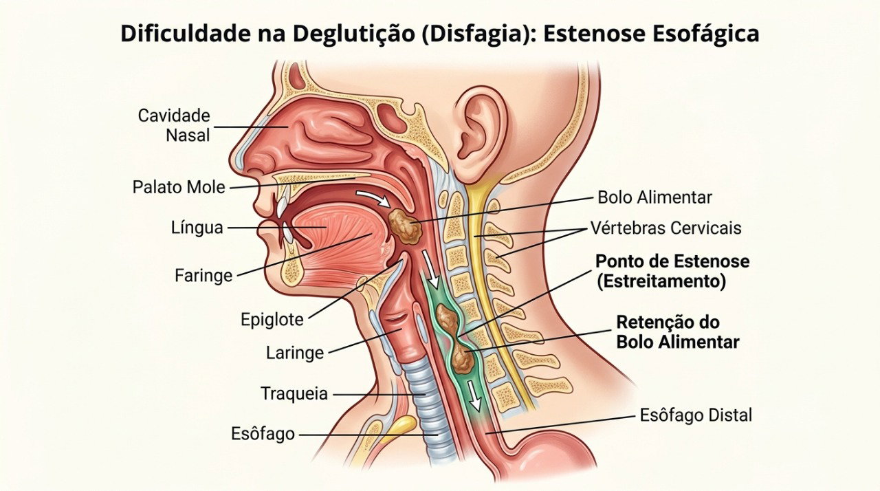 Alterações na garganta ou no esôfago podem dificultar a passagem dos alimentos durante a deglutição.