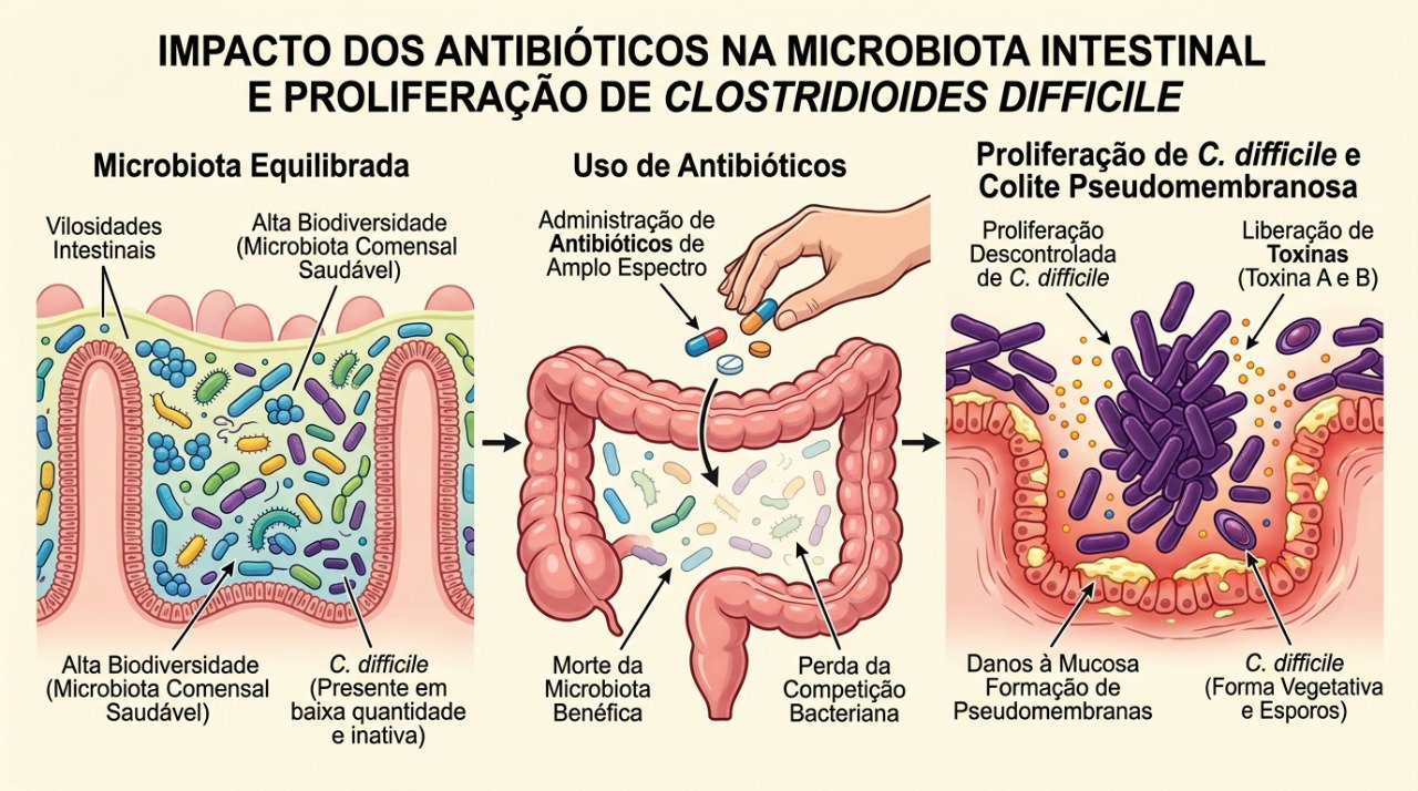 Antibióticos podem alterar a microbiota intestinal e favorecer diarreia e infecção por C. difficile.