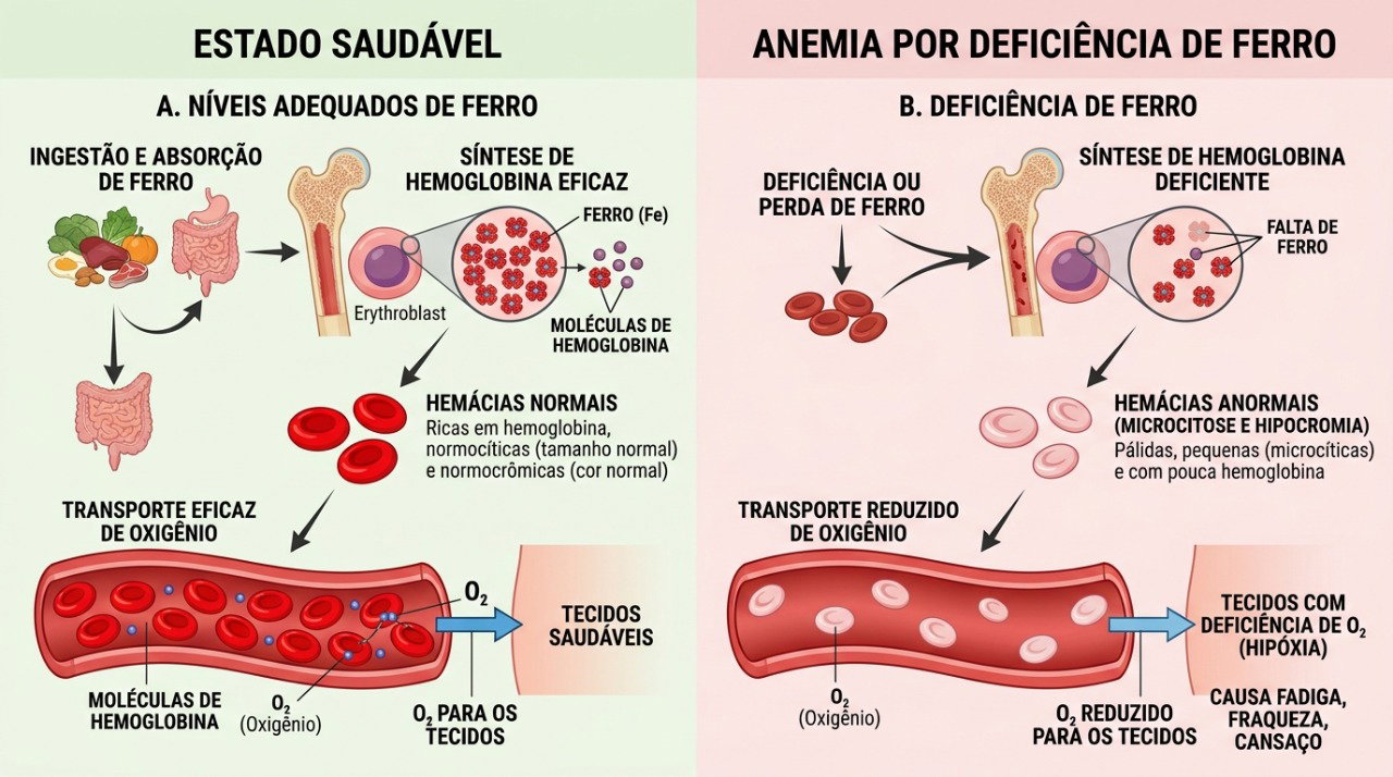 A falta de ferro pode reduzir a hemoglobina e diminuir o transporte de oxigênio pelo corpo.