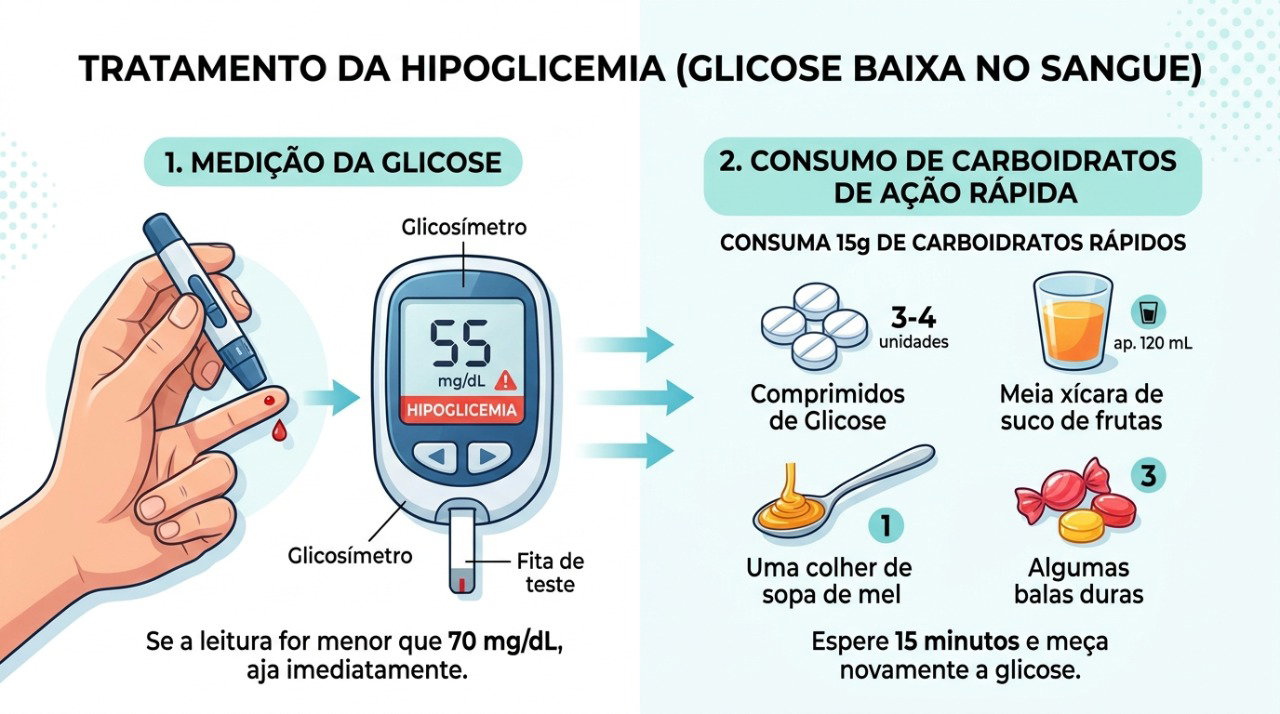 Glicose abaixo de 70 mg/dL pode indicar hipoglicemia e exigir correção conforme orientação profissional.