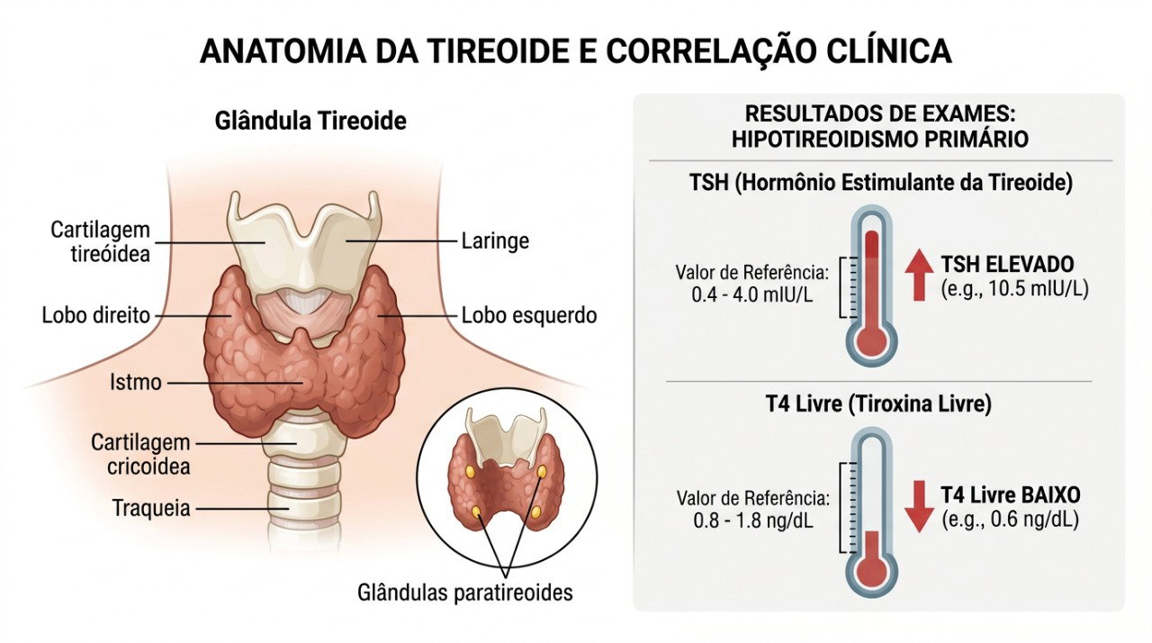 Exames de TSH e T4 livre ajudam a avaliar se a tireoide está funcionando adequadamente.