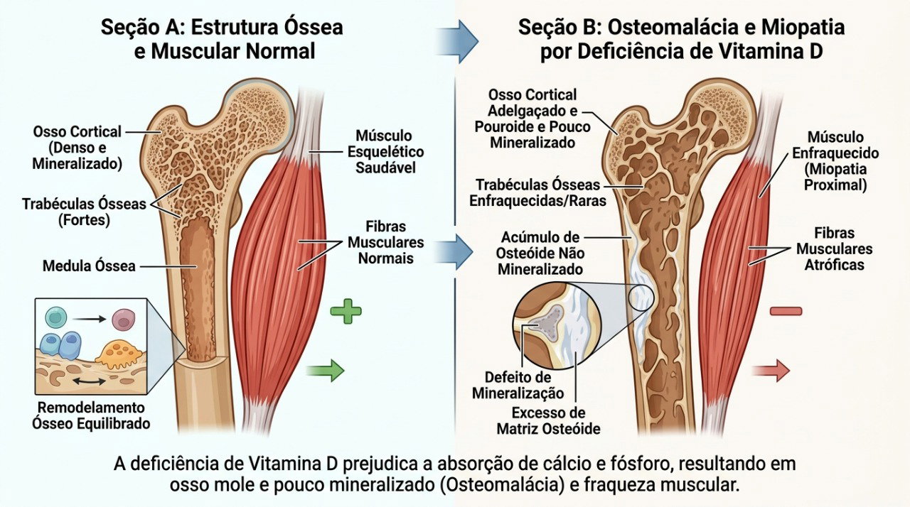 A deficiência grave de vitamina D pode prejudicar a mineralização óssea e favorecer fraqueza muscular.