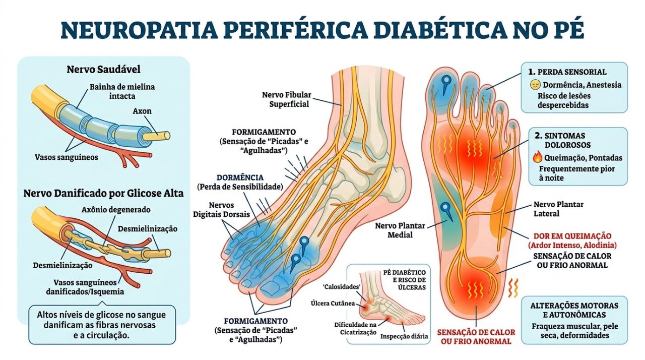 A neuropatia diabética pode causar queimação, dormência e perda de sensibilidade nos pés.