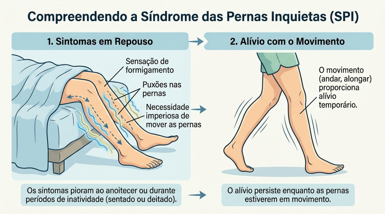 Movimentar as pernas pode aliviar temporariamente o desconforto da síndrome das pernas inquietas.