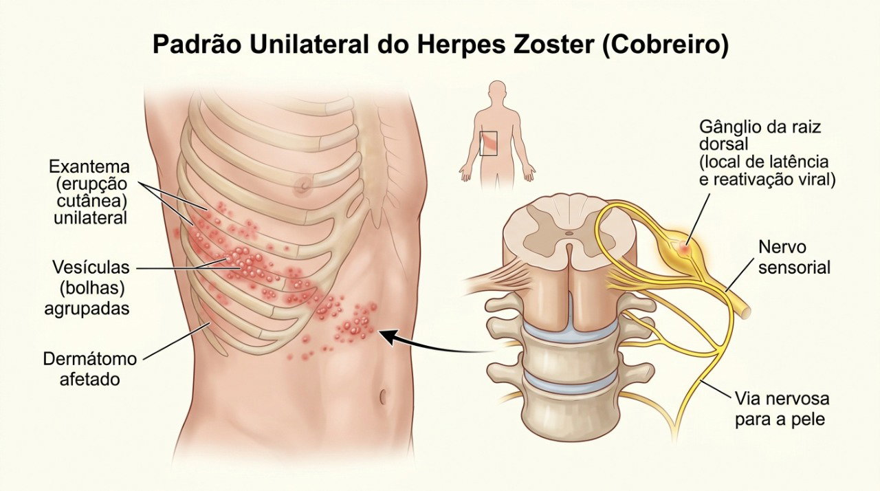 O herpes-zóster costuma causar dor e bolhas agrupadas em faixa de apenas um lado do corpo.