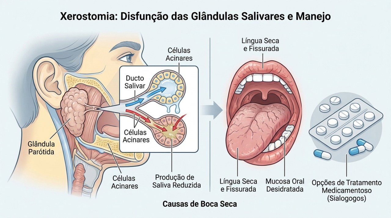 Alguns medicamentos podem reduzir a produção de saliva e provocar boca seca persistente.