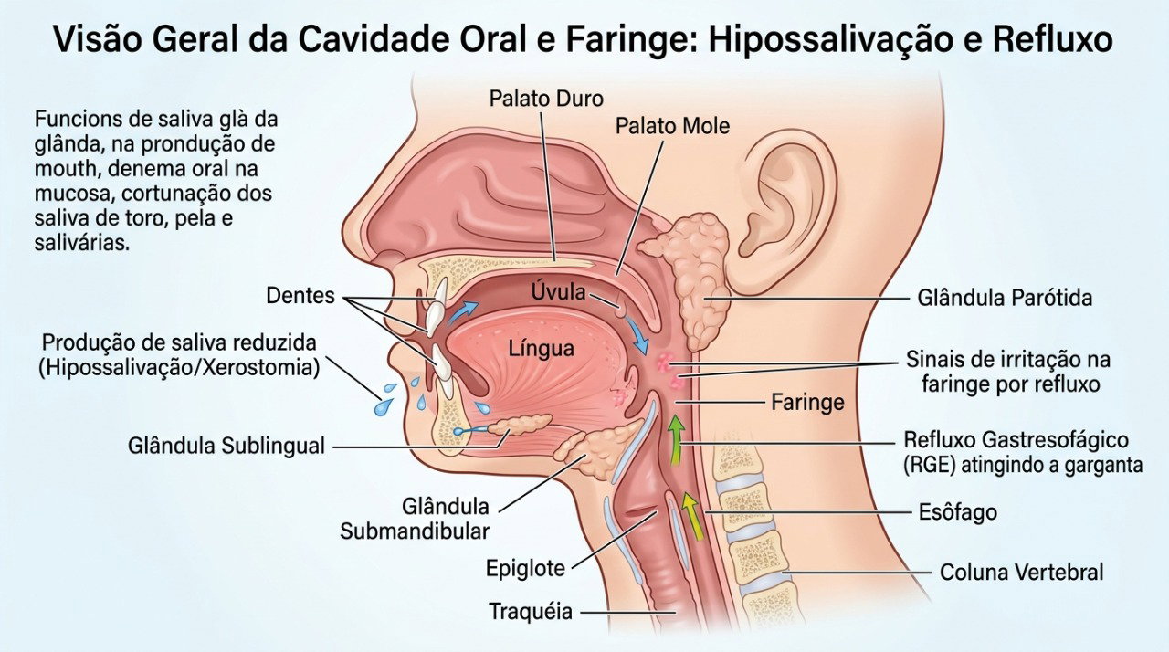 Boca seca e refluxo estão entre as possíveis causas de ardência bucal sem feridas visíveis.