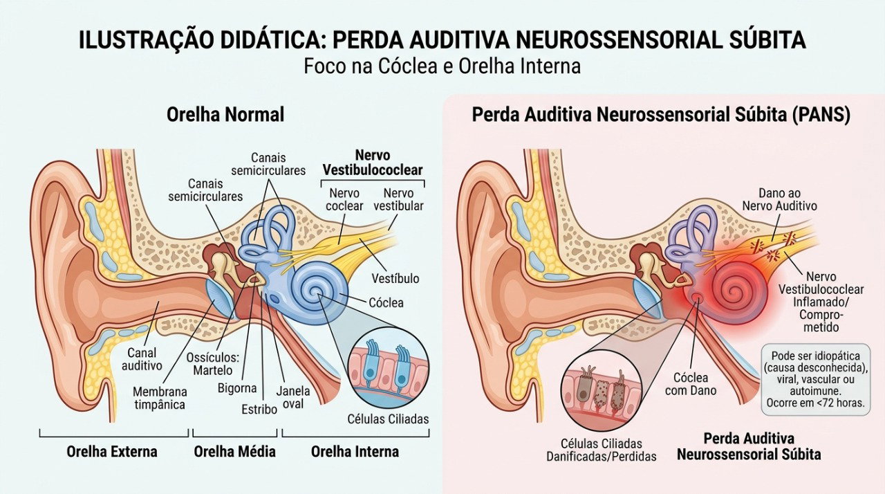 A perda auditiva neurossensorial súbita pode afetar o ouvido interno e precisa de avaliação urgente.