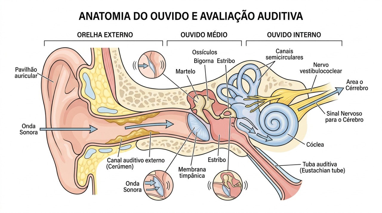 Avaliar a audição e o canal do ouvido ajuda a investigar possíveis causas do zumbido.