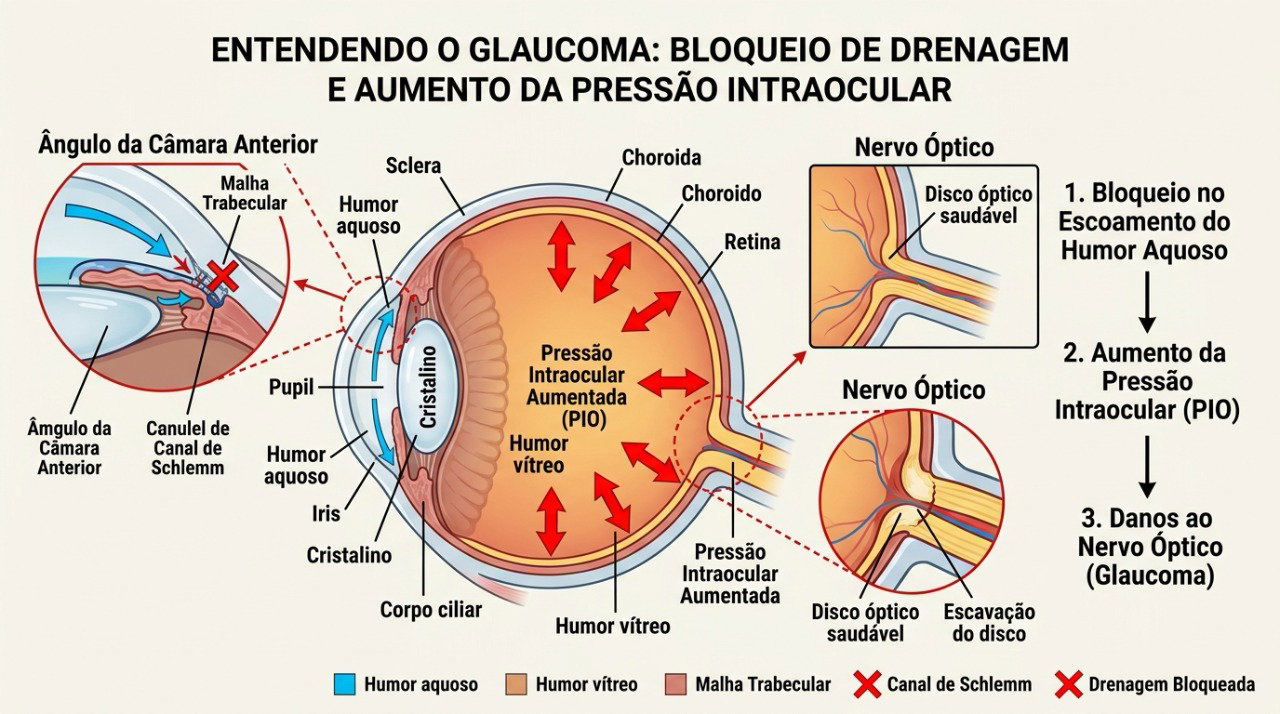 O bloqueio da drenagem ocular pode elevar rapidamente a pressão dentro do olho e ameaçar a visão.