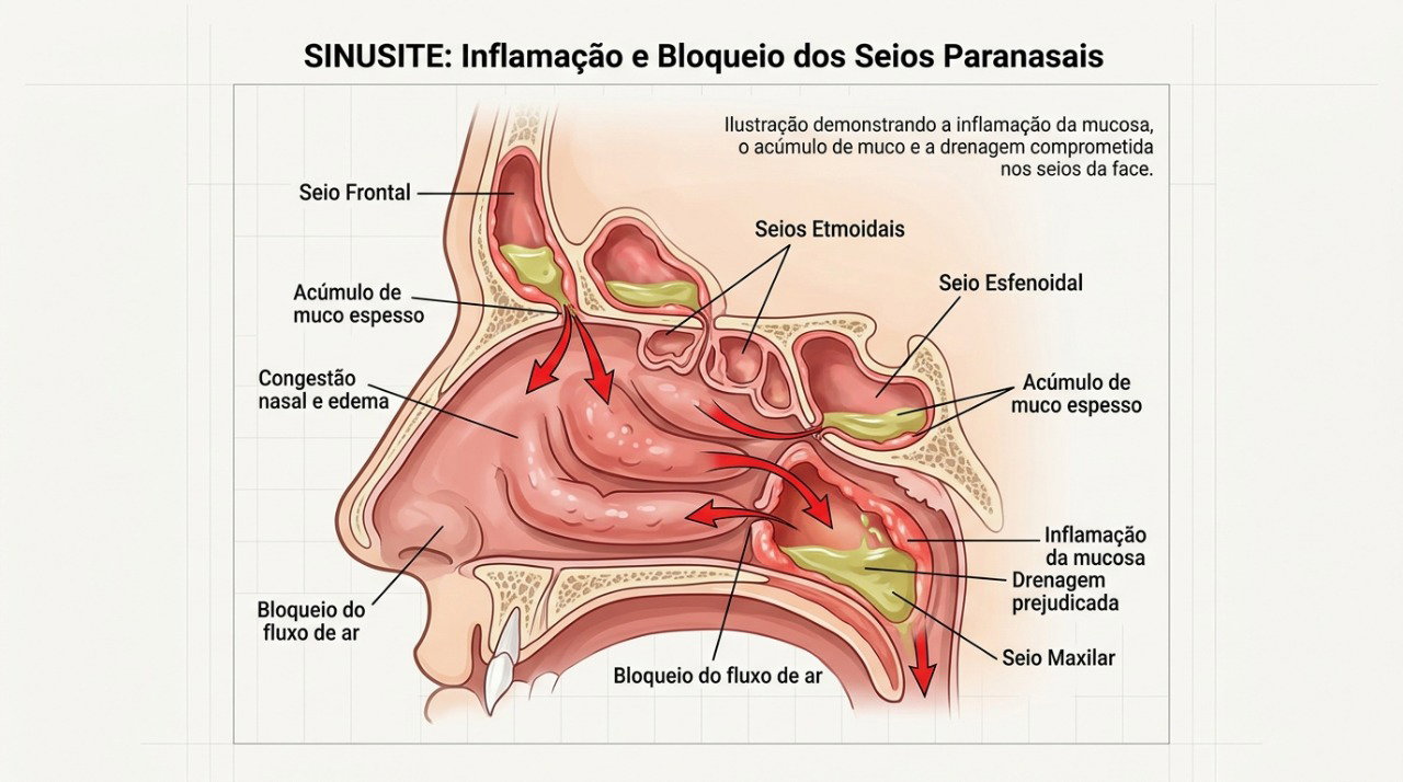A inflamação dos seios da face pode dificultar a drenagem e causar congestão, dor e pressão facial.