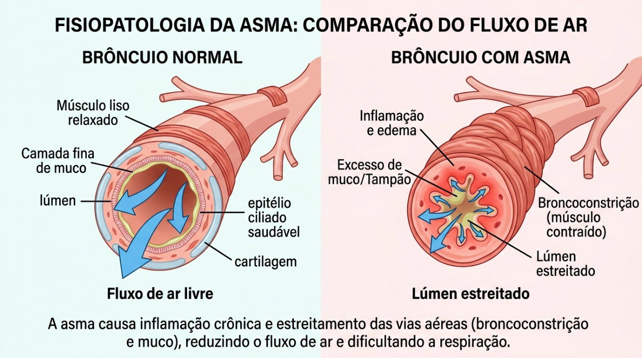 Na asma, a inflamação e o estreitamento dos brônquios podem causar chiado, tosse e falta de ar.