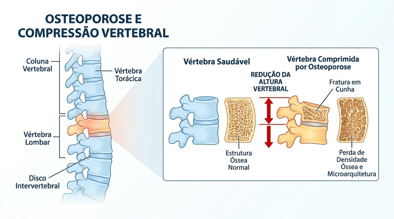 Fraturas por compressão nas vértebras podem reduzir a altura e alterar a postura ao longo do tempo.