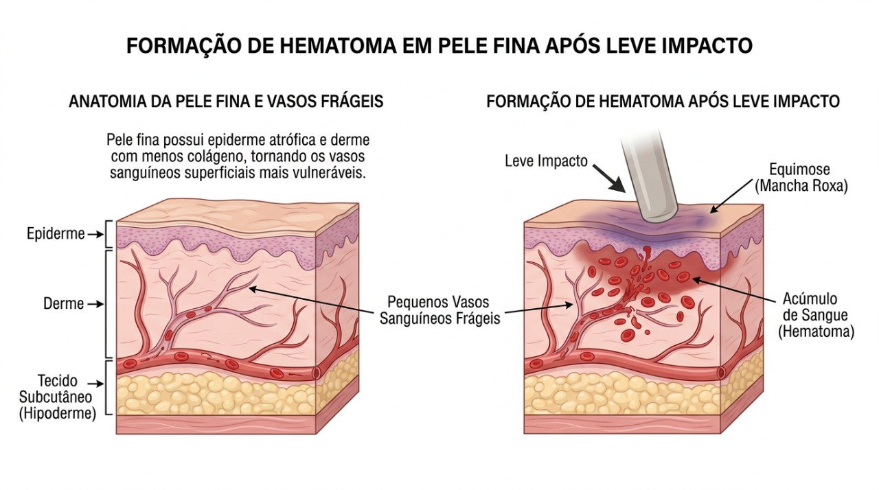 Com a idade, a pele mais fina e os vasos frágeis podem facilitar o aparecimento de hematomas.