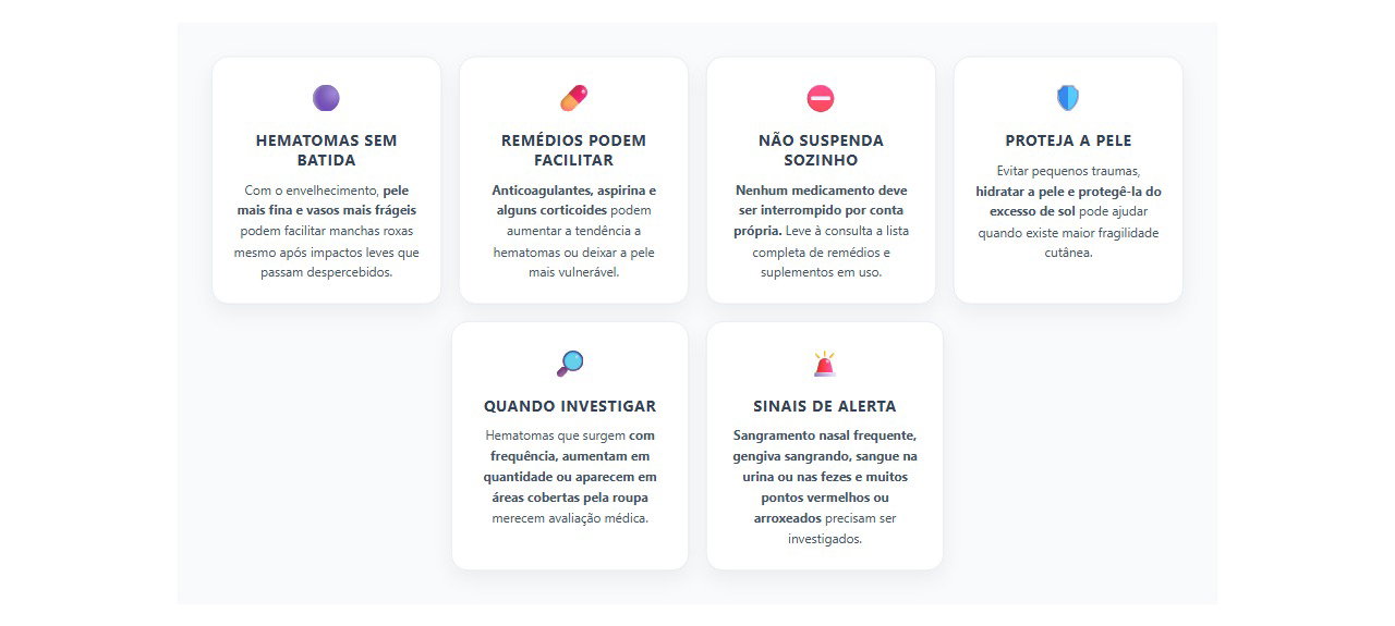 Manchas roxas sem batida: quando pele fina, remédios ou sangramentos merecem atenção