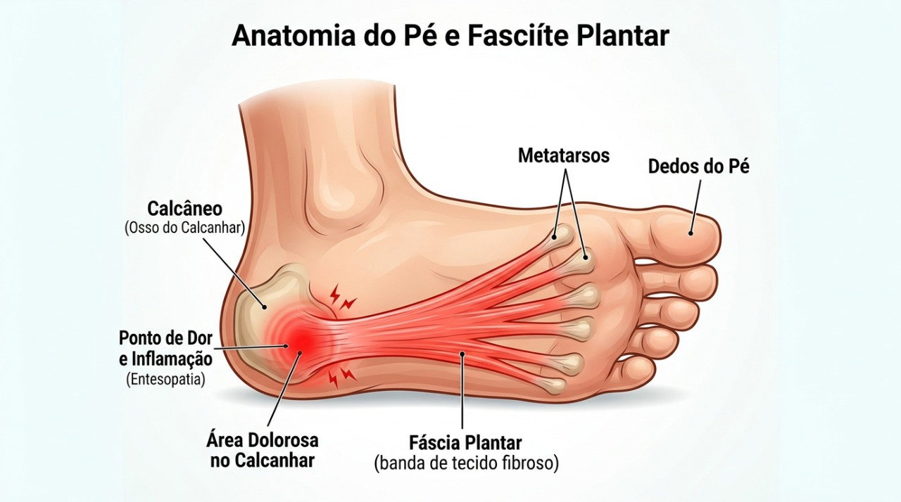 A sobrecarga da fáscia plantar pode causar dor no calcanhar, principalmente após períodos de repouso.