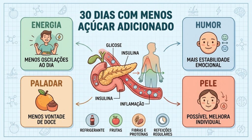 Em 30 dias, reduzir açúcar pode influenciar energia, humor, paladar e resposta metabólica.