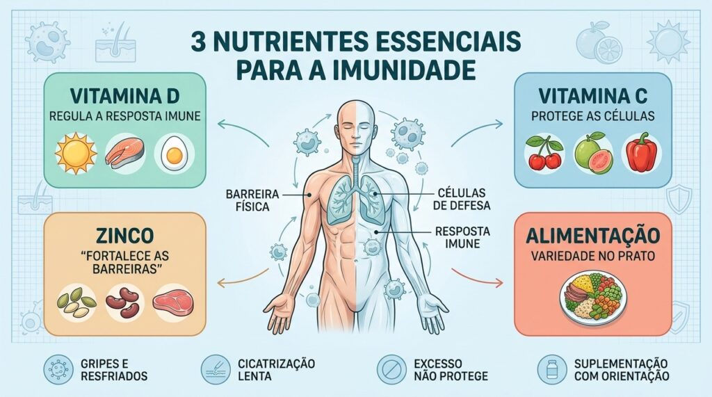 Vitamina D, vitamina C e zinco atuam juntos nas barreiras e células de defesa.