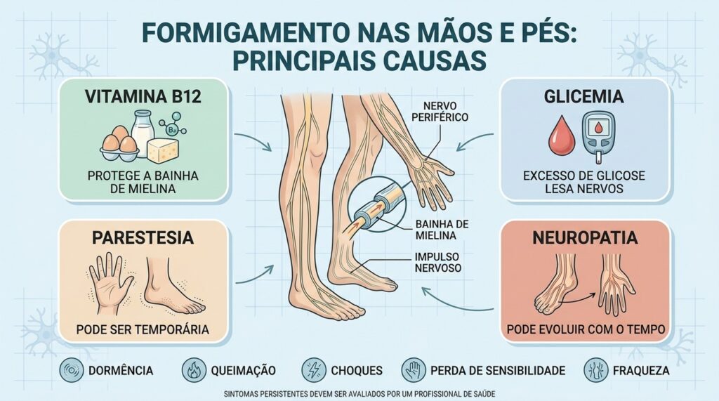 B12, glicemia, parestesia e neuropatia ajudam a explicar o formigamento persistente.