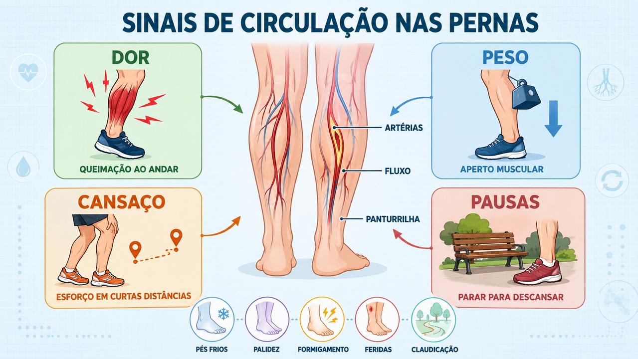 Infográfico resume os quatro sinais de alerta e sintomas associados da circulação.