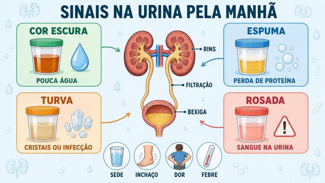 Cor, espuma, turbidez e tom rosado exigem observação e avaliação dos rins.