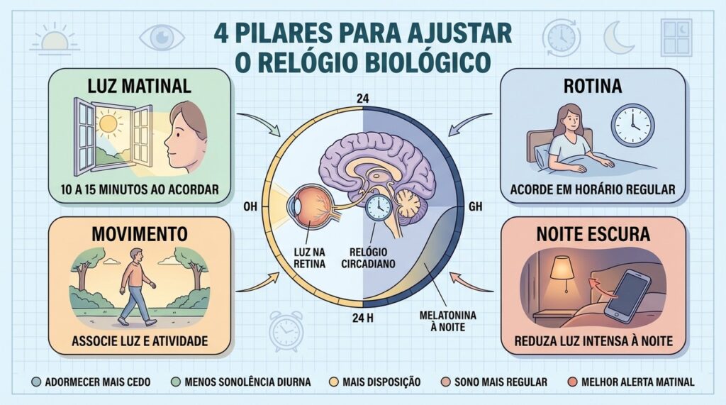 Luz matinal, rotina, movimento e menos luz noturna ajudam a regular o sono.