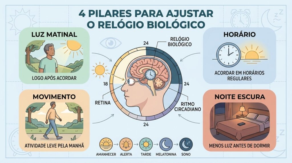 Luz matinal, horários regulares, movimento e noites mais escuras sincronizam o ciclo circadiano.