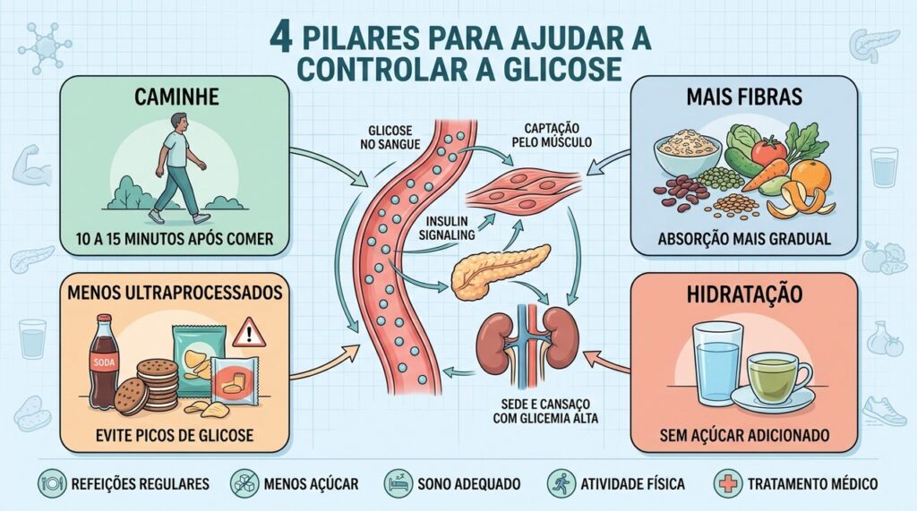 Caminhada, fibras, menos ultraprocessados e hidratação ajudam a estabilizar a glicose.