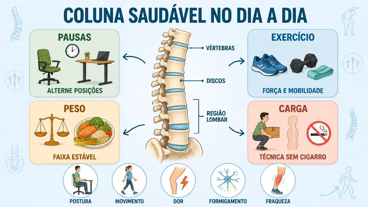 Pausas, exercício, peso estável e técnica reduzem a sobrecarga na coluna.