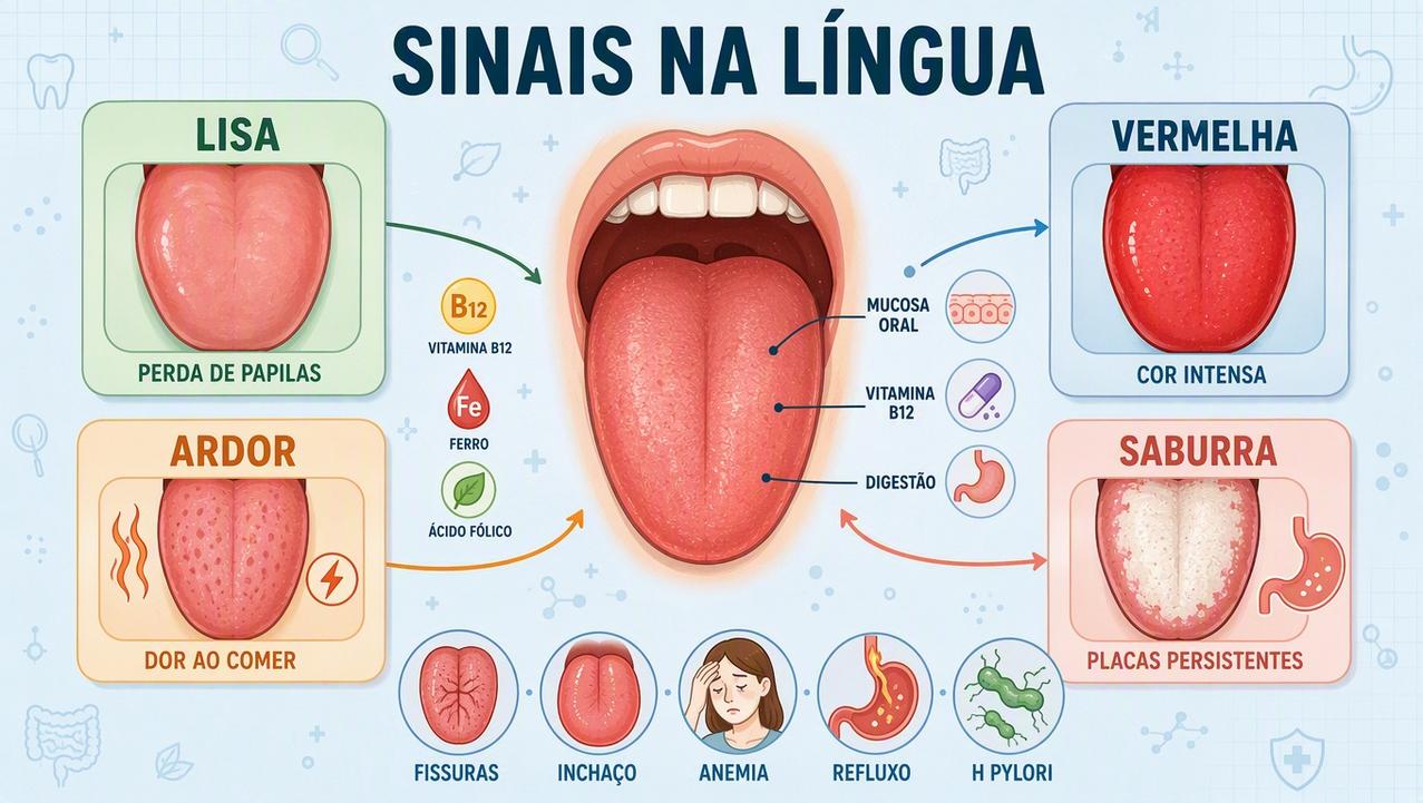 Infográfico resume sinais na língua ligados a vitaminas, mucosa oral e digestão.