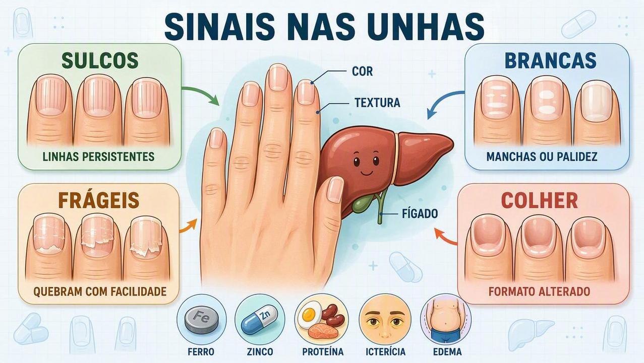 Sulcos, palidez, fragilidade e formato alterado resumem sinais importantes nas unhas.