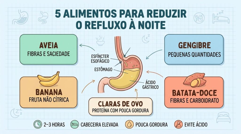 Cinco alimentos leves e hábitos noturnos podem ajudar no controle do refluxo gastroesofágico.
