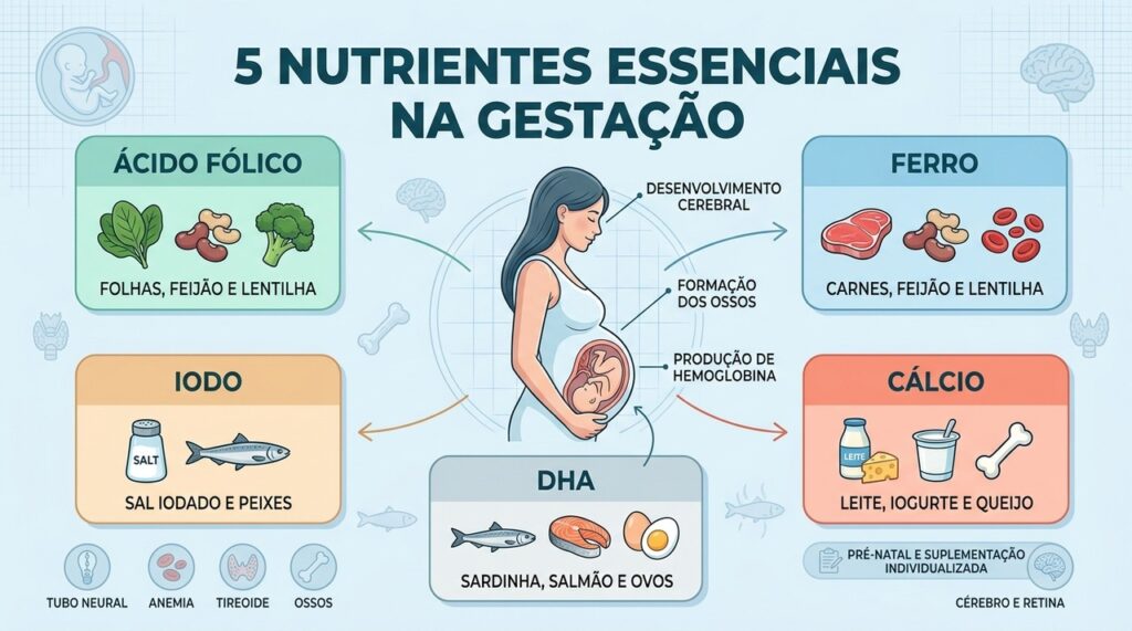 Cinco nutrientes ganham destaque na gestação: ácido fólico, ferro, iodo, cálcio e DHA.