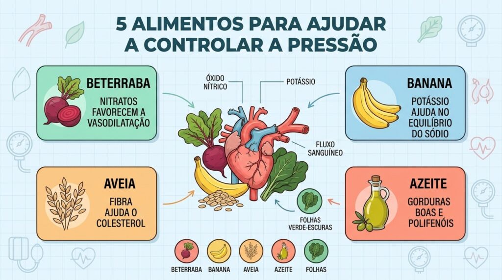 Cinco alimentos ajudam a equilibrar nutrientes ligados à pressão e à saúde dos vasos.