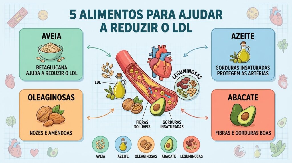 Cinco alimentos fornecem fibras e gorduras insaturadas que ajudam no controle do LDL.