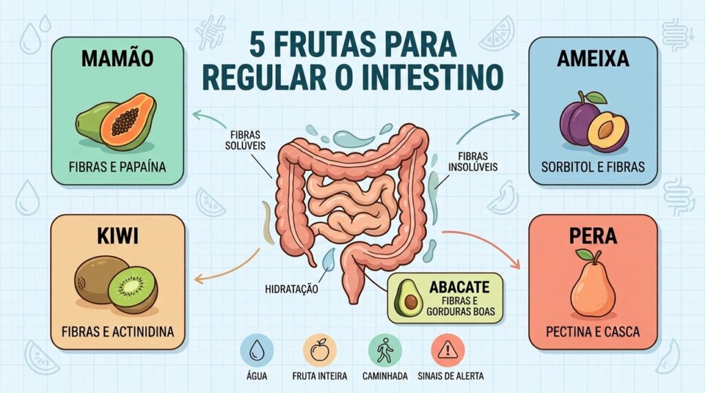 Cinco frutas, fibras e hidratação formam estratégias simples para combater o intestino preso.