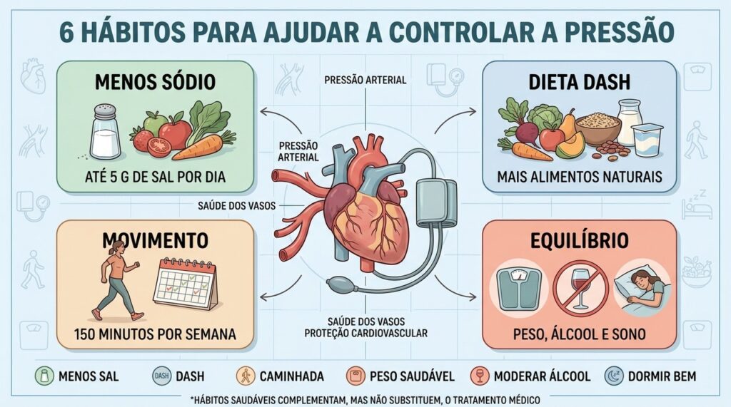 Seis hábitos combinados ajudam no controle da pressão junto ao acompanhamento médico.