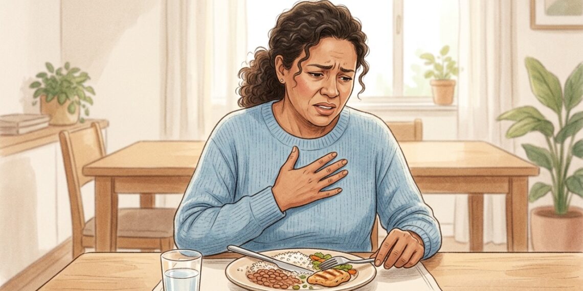 A sensação recorrente de comida presa no peito ao engolir pode ser um sinal de disfagia.