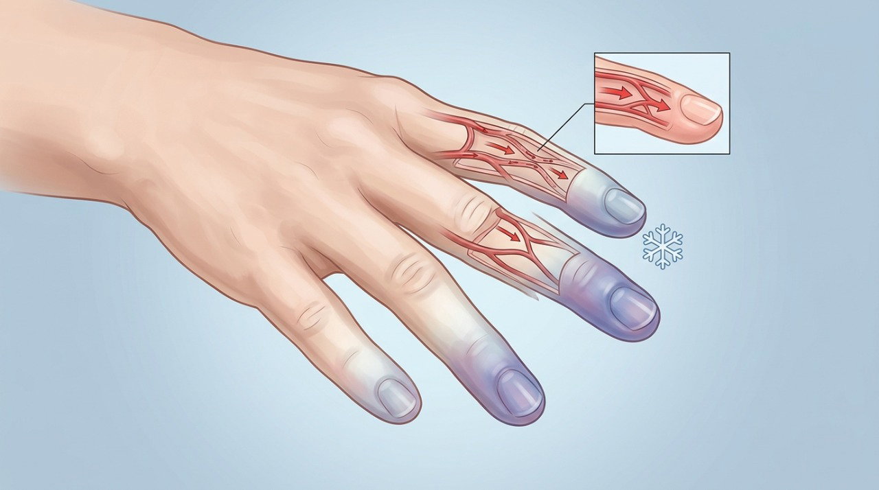 No fenômeno de Raynaud, a contração dos vasos reduz temporariamente o fluxo de sangue para os dedos.