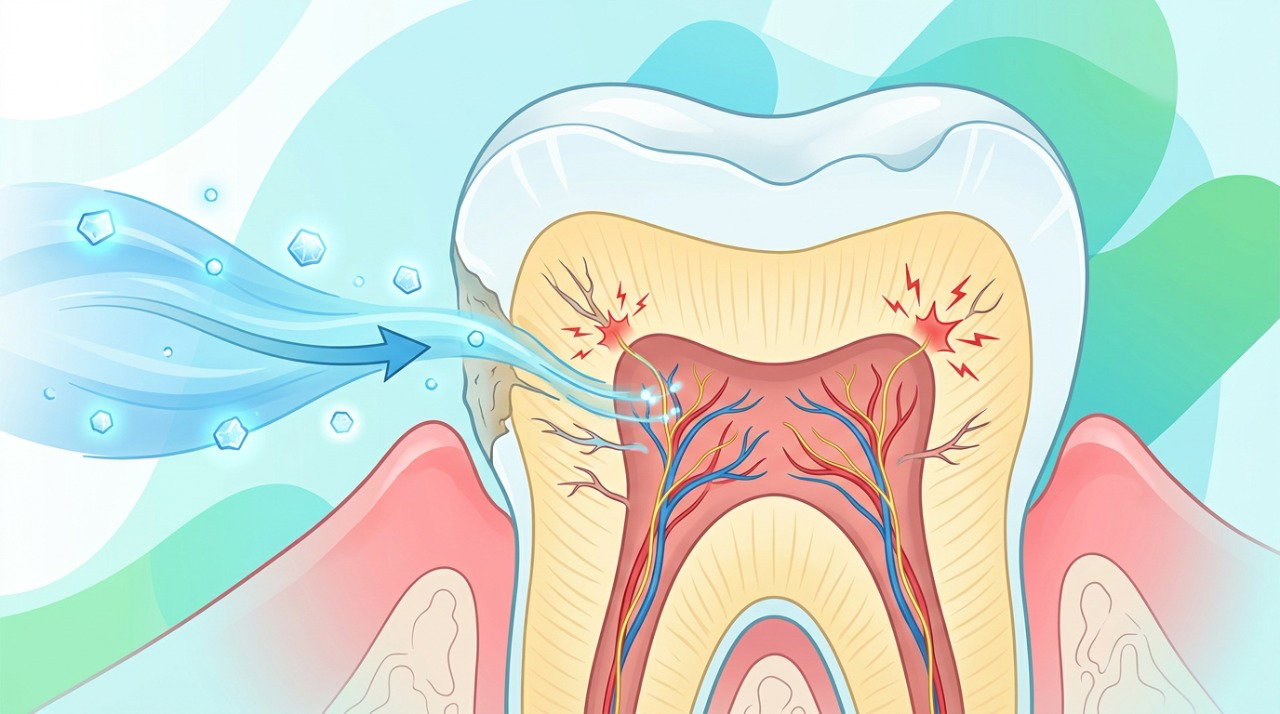 A dentina exposta permite que estímulos frios provoquem dor e sensibilidade no dente.