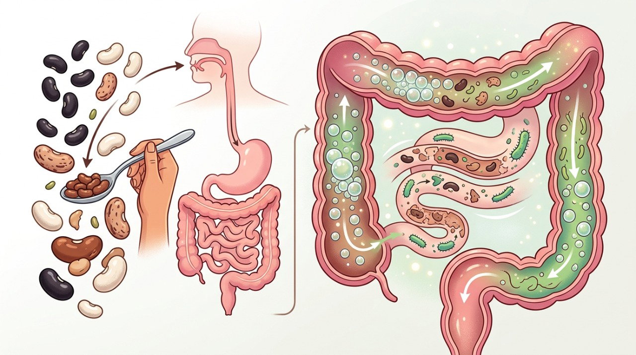 Parte dos carboidratos do feijão é fermentada no intestino grosso, favorecendo a formação de gases.