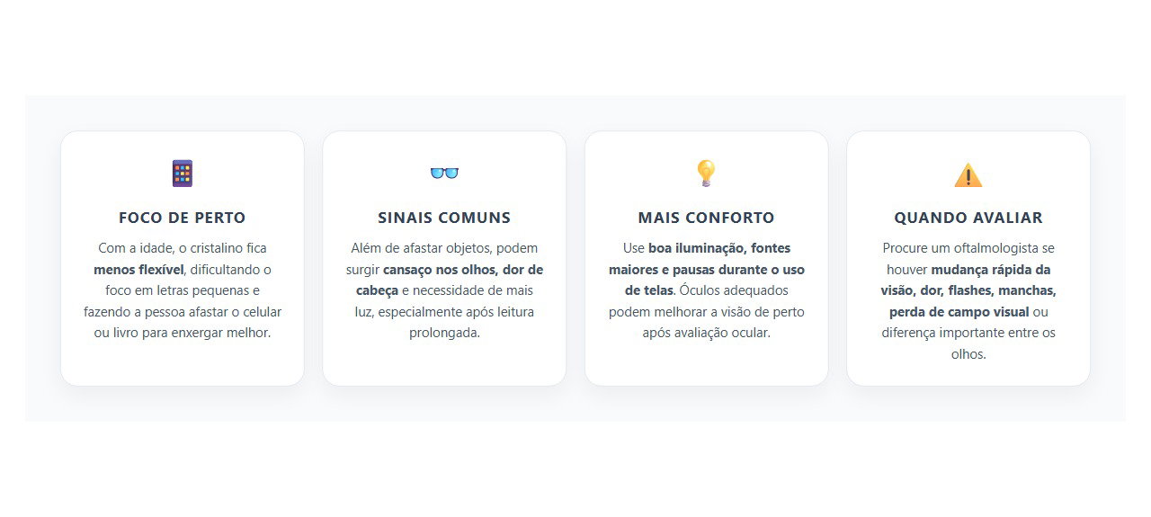 Vista Cansada Depois dos 40: Sinais de Presbiopia e Quando Avaliar