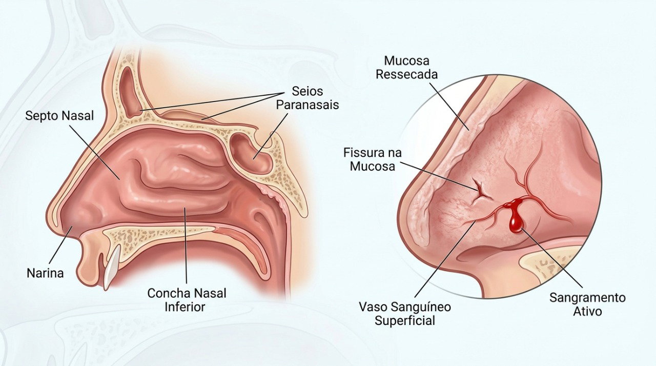 A mucosa nasal ressecada fica mais frágil e pode facilitar o rompimento de pequenos vasos.