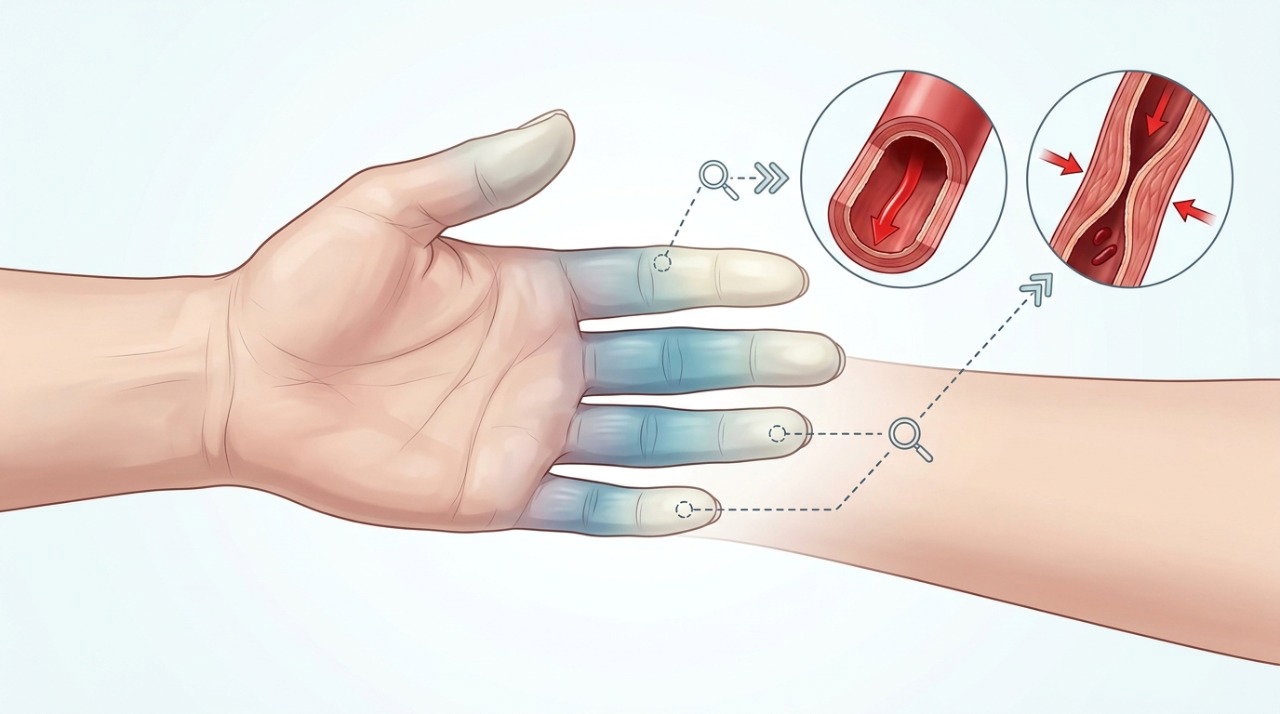 No fenômeno de Raynaud, os pequenos vasos se contraem excessivamente e reduzem temporariamente a circulação nos dedos.