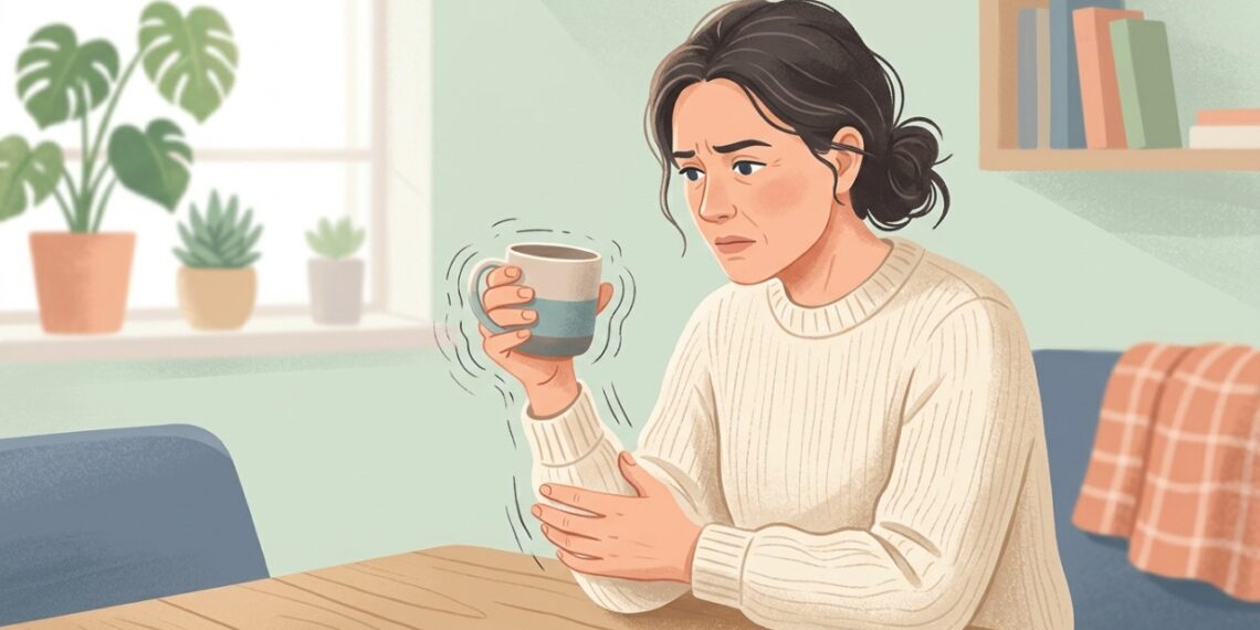 Tremor na mão pode ficar mais perceptível ao segurar uma xícara ou realizar tarefas do dia a dia.