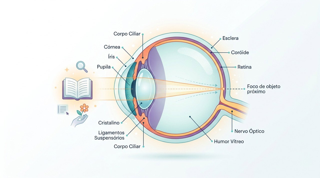 Com a presbiopia, o cristalino perde flexibilidade e dificulta o foco de objetos próximos.