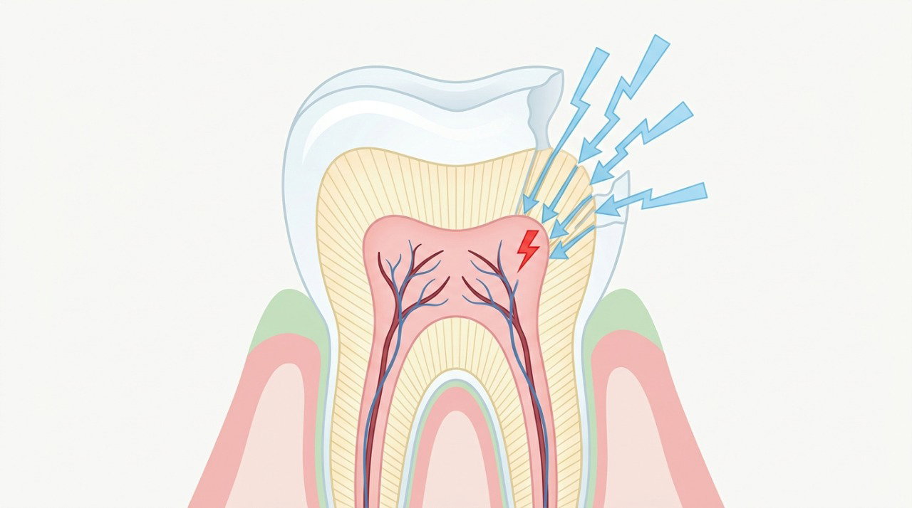 A exposição da dentina pode deixar o dente mais sensível ao frio, calor e doces.
