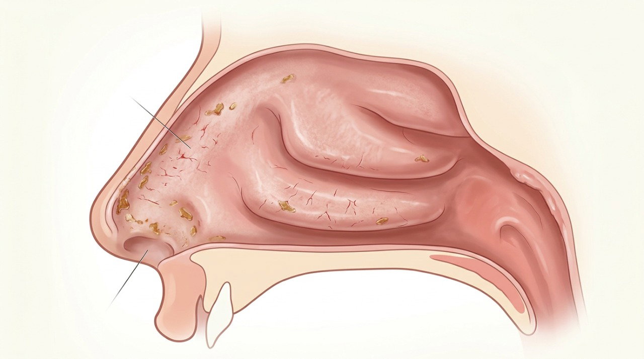 A mucosa nasal ressecada pode formar crostas e pequenas fissuras que facilitam o sangramento.